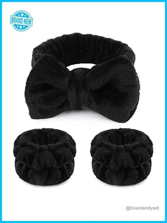 Microfiber Headband with Bow Tie and Absorbent Wristbands for Face Washing
