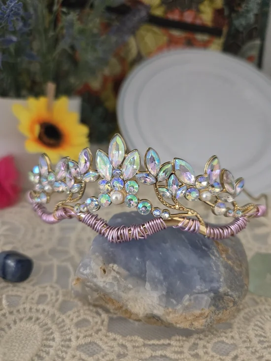 Handcrafted Crystal Leaf Tiara Headband Iridescent Pink Bridal Festival Crown