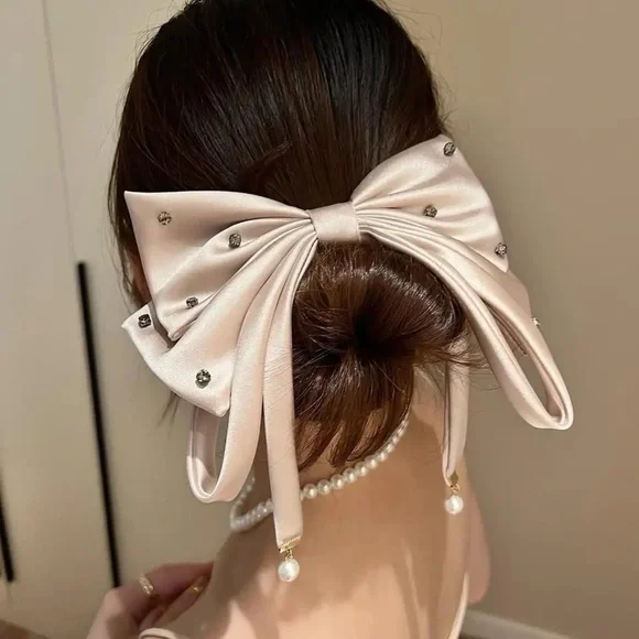 Oversized Beige Bow Rhinestone French Barrette Hair Clip
