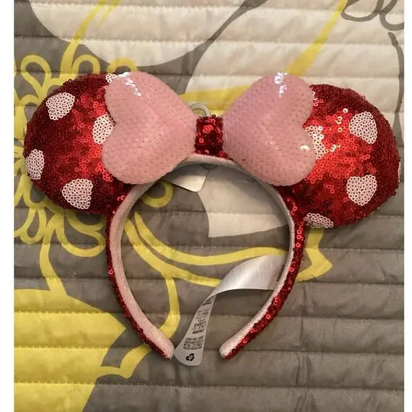 NWT Disney Parks Minnie Red Sequined Ear Headband Valentine's Day Hearts Pink