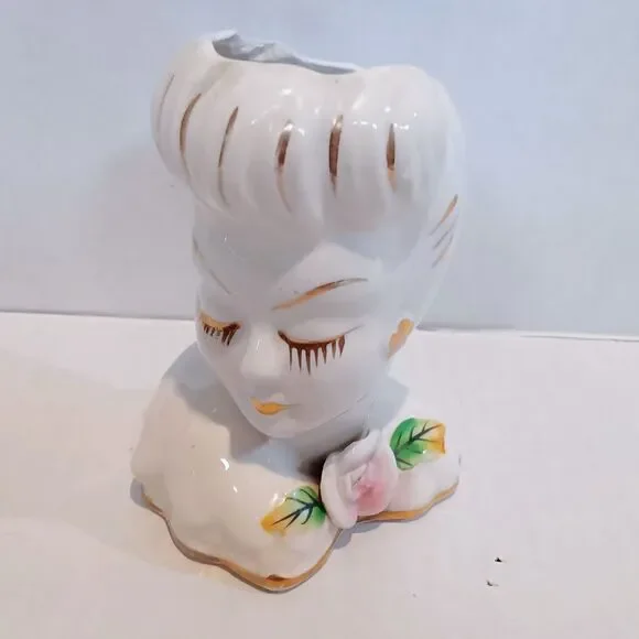 Vintage Glamour Girl Porcelain Head Vase-1950s-Applied Rose-Gold Accents