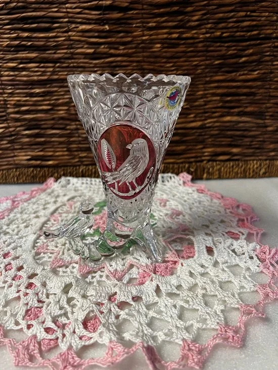 Hofbauer Byrdes Crystal Cornucopia Vase Ruby Red and Clear
