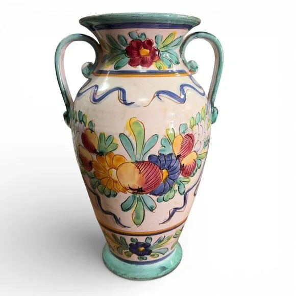 Vintage‎ Hand Painted Ceramic Vase Floral Majolica Art Pottery Decorative Urn