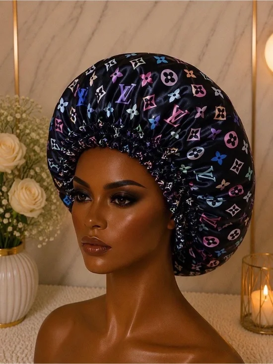 Luxury Satin Hair Bonnet in Black with Multicolor Monogram