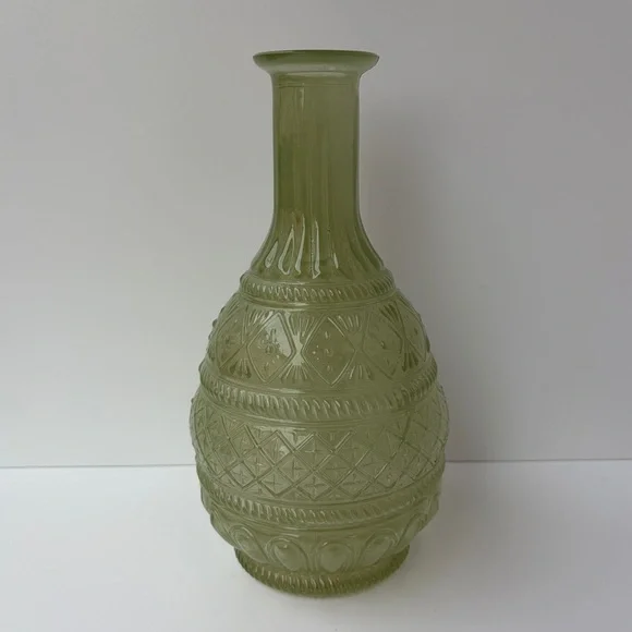 VTG Green Vase Boho Chic‎ Glass Bottle No Stopper 60s