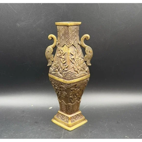 Vintage Chinese Brass Carving Vase Flowers Iris‎ Morning Glory 6