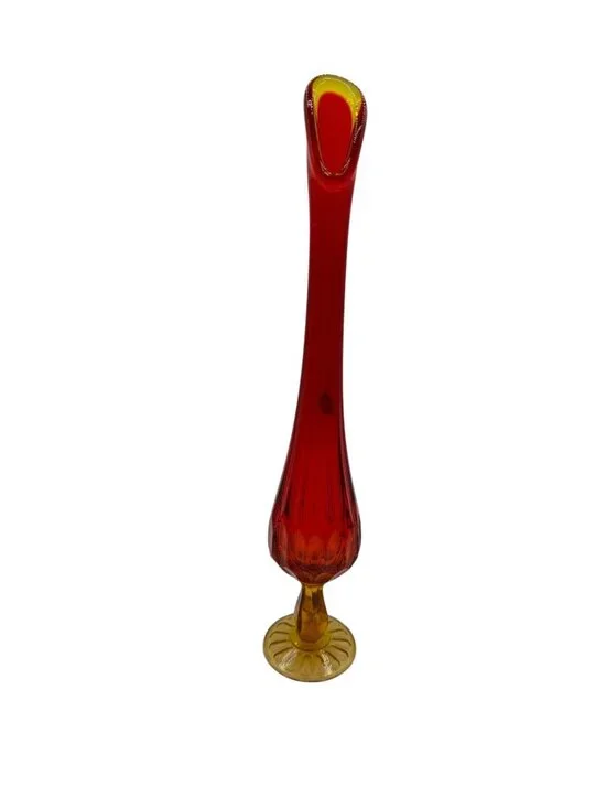 Fenton MCM Amberina Hand Made Swung Red Amber Orange Fire Glass Art Vase 13 in