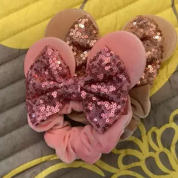 NWOT Set Pink Minnie Mouse Velvet Hair Scrunchie Ears and Sparkly Sequin Bow
