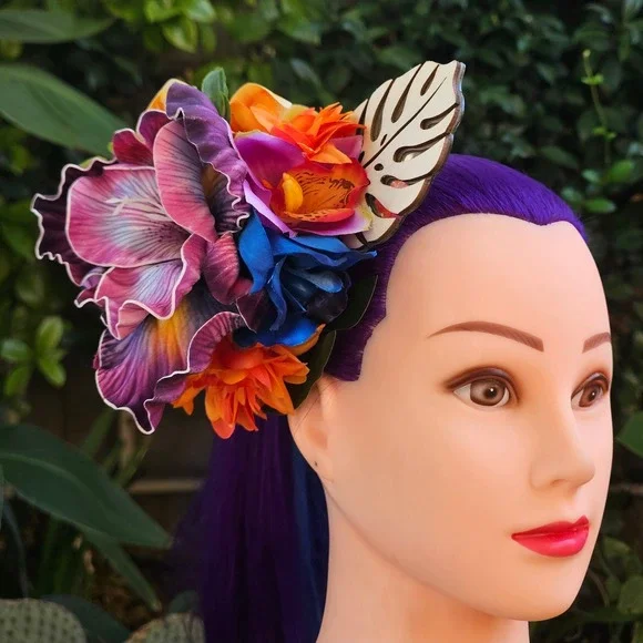 Handmade Tropical Floral Hair Clip Fascinator‎ Orchid Lily Tiki Burlesque