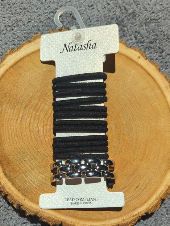 Natasha Black Elastic Hair Tie Set with Silver Metal Accent Hair Tie