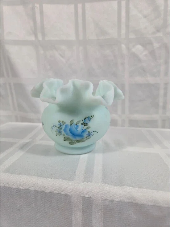 Vintage Fenton Blue Satin Glass Rose Bowl/Vase - Hand Painted & Artist Signed