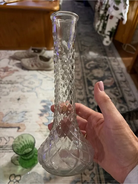 Vintage Clear Glass Bud Vase with Diamond-Pattern Neck