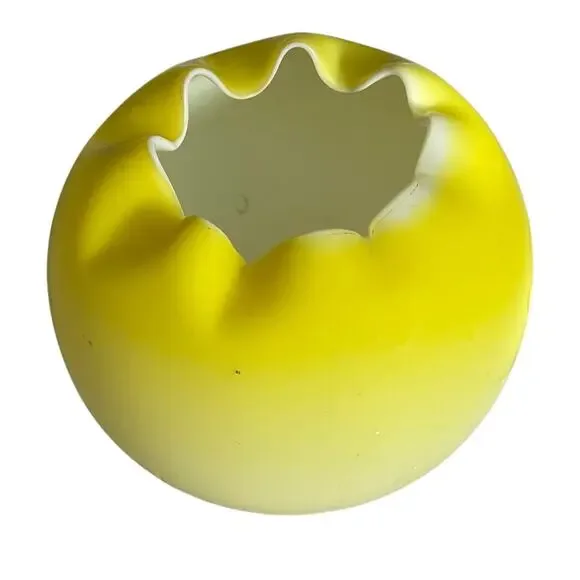 Vintage Victorian Rose Bowl Yellow Satin Glass Crimped Ombré Ruffled Vase READ