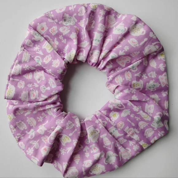 Liberty Art Fabric Scrunchie Suzy Elizabeth Teapots Cottagecore Bespoke Pink