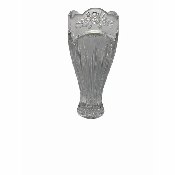 Oneida Cut Glass Flower Vase Clear Scalloped Rim Floral Etched 10 Inch