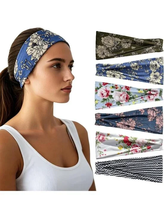 Women X-Colorful-1 Stretchy 6 Pack Headbands Yoga Sweatbands Hair Accessories