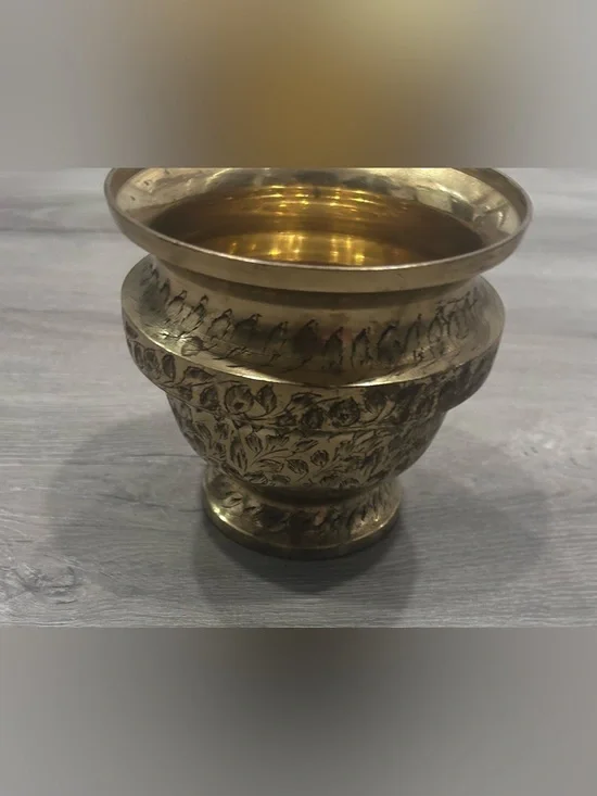 Indian Brass Pedestal Bowl Hand Etched Floral Design Traditional India Decor VTG