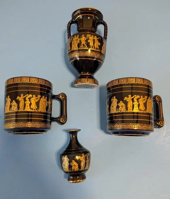 Vintage Handmade Greek Pottery Set 24K Gold Black Glaze 2 Mugs 2 Vases Sicily