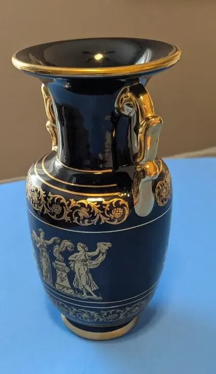 Vintage Spyropoulos Greek Vase Cobalt Blue 24K Gold Handmade Greece Mythology 7