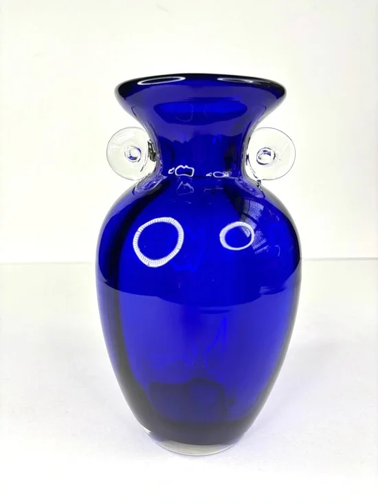 Vintage Cobalt Blue Art Glass Blenko Vase Clear Scroll‎ Handles