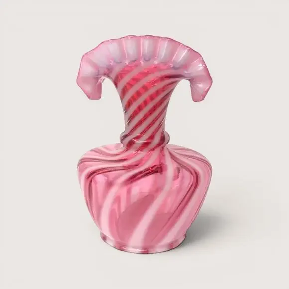 1940s Fenton Glass Pink Opalescent Spiral Swirl Double Crimped Fluted Fan Vase