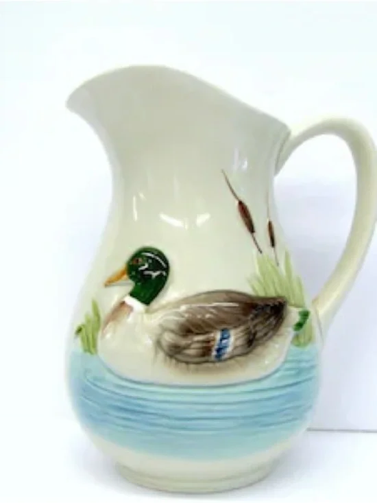 Vintage Otagiri Cream Ceramic Pitcher Mallard Duck Cattails Motif Japan 1980