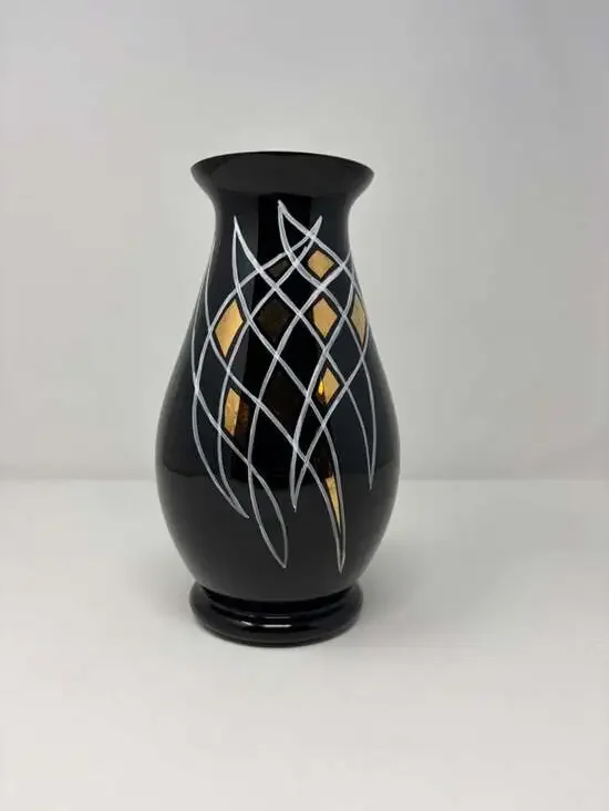 Bohemia Glass Black Art Glass Vase w/ Gold & Silver Design