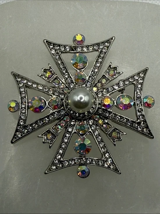 High end Vintage Aurora Borealis pave rhinestone  Cross Brooch faux Pearl Center