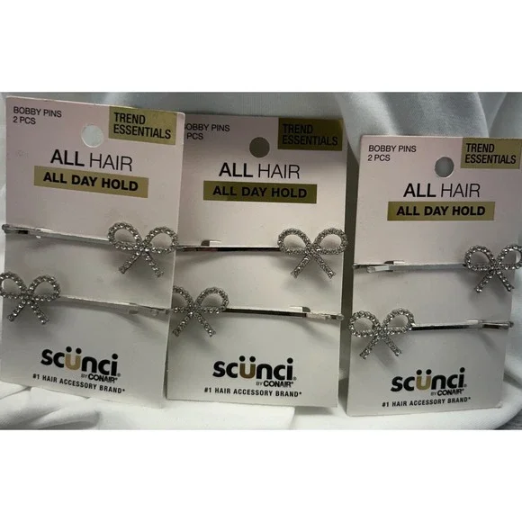 Scunci Silver Rhinestone‎ Bow Bobby Pins 3 Packs 6 Total All Day Hold Hair Clips