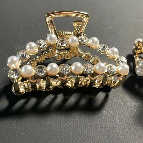 Anthropologie Embellished Claw Hair Clips Gold With Pearls and Crystals.