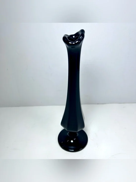 Fenton Black Glass Swung Bud Vase 8” MCM