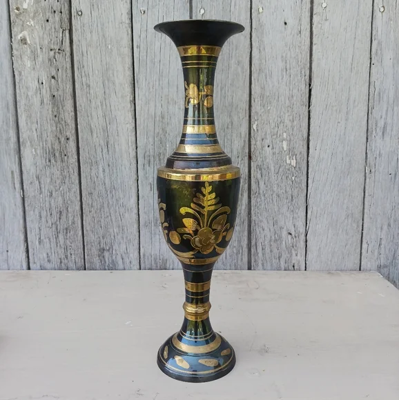 Etched Brass Vace‎ Vintage Hand Made Floral Engraved Boho Gold Made In India