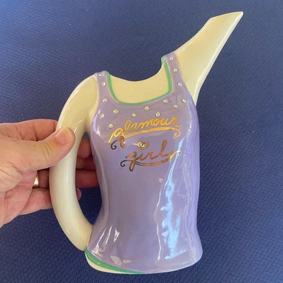Vintage Glamour Girl Happy Clothes Vase Whimsical Ceramic Jeweled 7.5