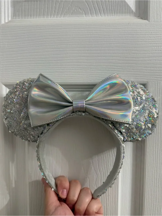 Official Disney Parks Silver Sequin Minnie Ears Headband with Holographic Bow