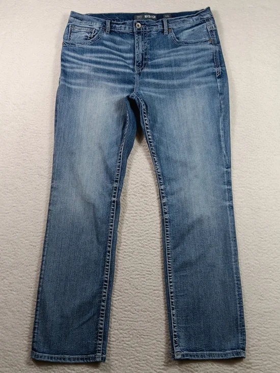 BKE Jeans Mens 38L 38x34 Blue Denim Tyler Straight Leg Whiskers Western Rodeo