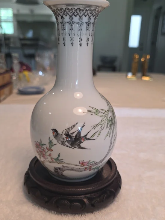 Porcelain Bud Vase with Hand-Painted Swallows and Floral Motif - White