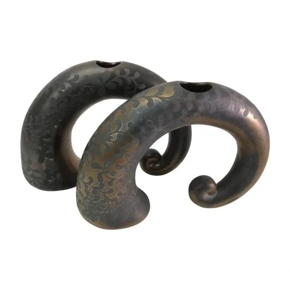 1970s Modernist Ceramic Horn Vases Pair Bronze Glaze Crescent Arc Studio Art MCM