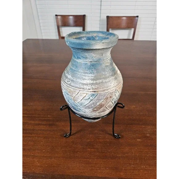 Terracotta Vase Unisex Medium Blue Rustic Distressed Amphora with Stand