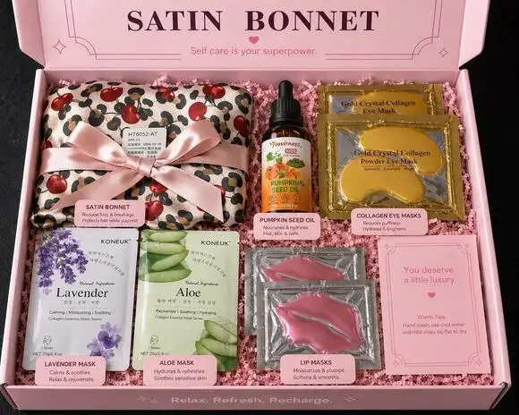 Luxury Satin Bonnet Self Care Spa Gift Set Masks Lip Care & Beauty Oil