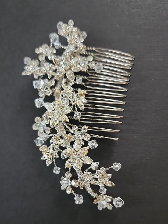 Silver Crystal Floral Bridal Wedding Hair Comb Rhinestone Hair Piece OS