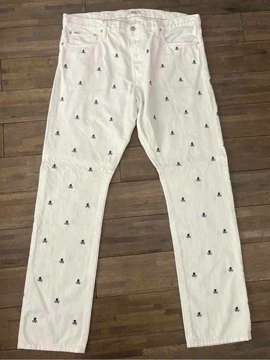 Polo Ralph Lauren White Slim Straight Denim Jeans Skull Crossbones 38x34 EUC