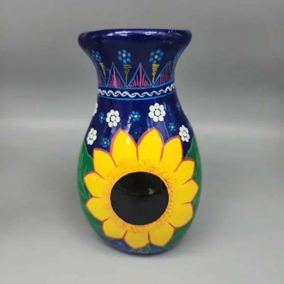 Hand-Painted Sunflower Ceramic Vase - Blue and Yellow