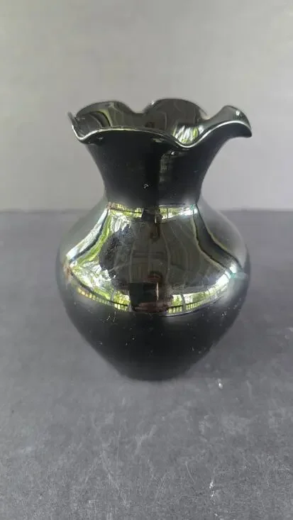 Vintage Black Amethyst Glass Bud Vase Ruffled Rim Hand Blown Table Home Decor