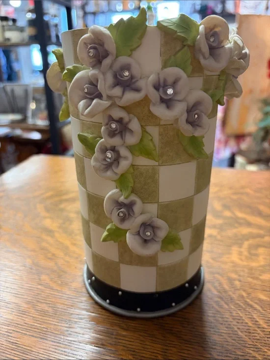 Decorative Checkered Vase with Purple Floral Accents