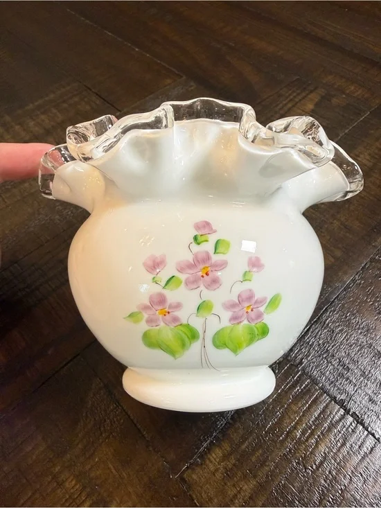 Fenton Debbie Owens Hand Painted Milk Glass Silver Crest Ruffled Vase 4”