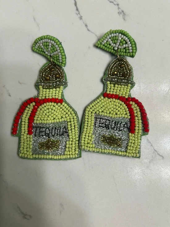 Beaded Lime Tequila Bottle Drop Earrings - Unbranded