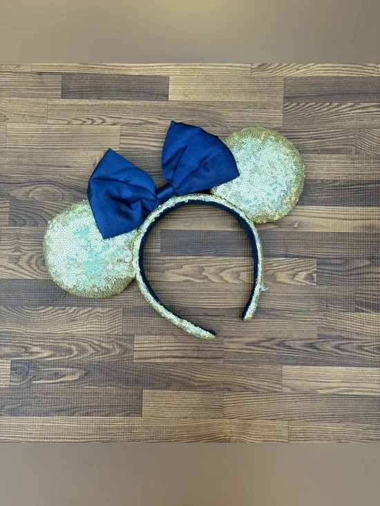 Disney 50th Celebration Gold Sequined Minnie Ears Headband with Navy Bow