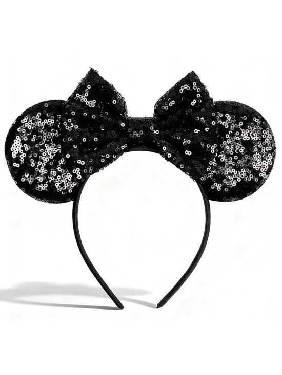 Women Black-a Polyester Sparkle Sequins Mickey Mouse Hair Bow Handmade Headband