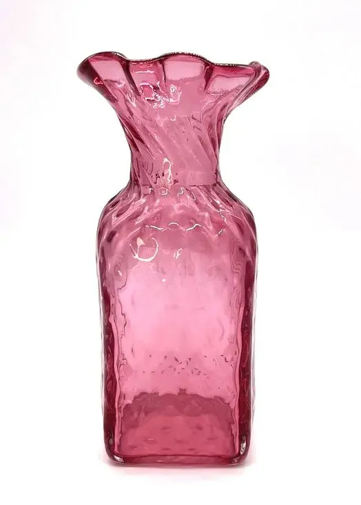 Cranberry / Pink Mid Century Modern Honeycomb Pattern Glass Vase 7.25