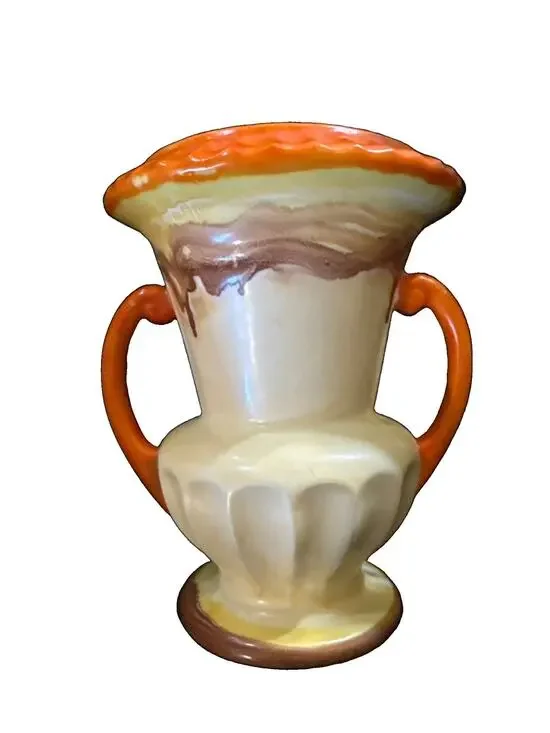 Vintage Czechoslovakia Pottery Vase 7” Two Handles Orange Cream Drip
